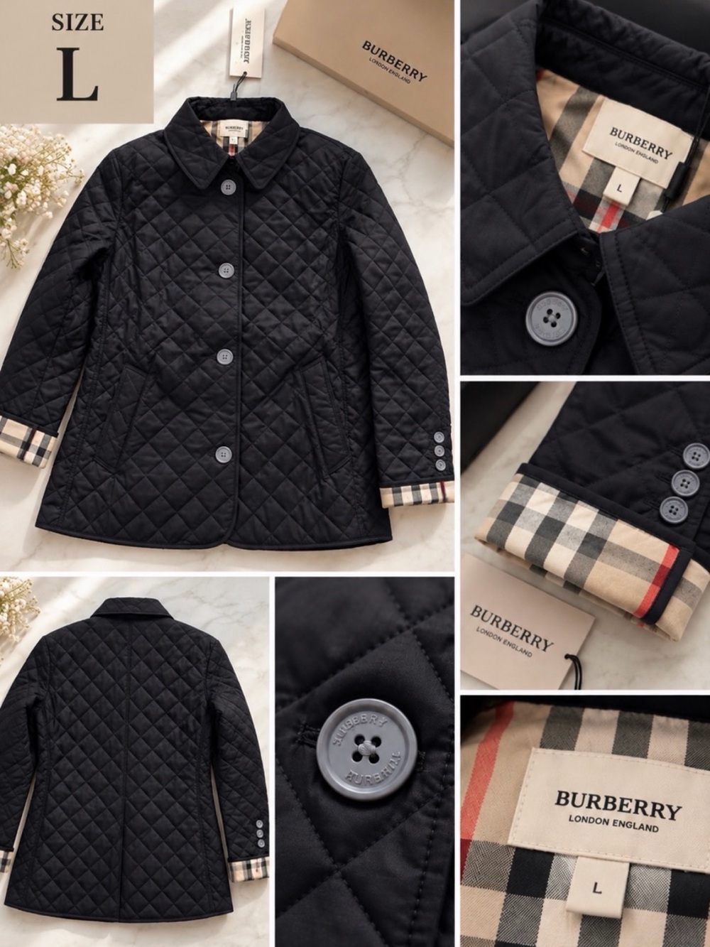 Burberry black Quilted Button-Down Puffer Jacket 🧥 women size L new